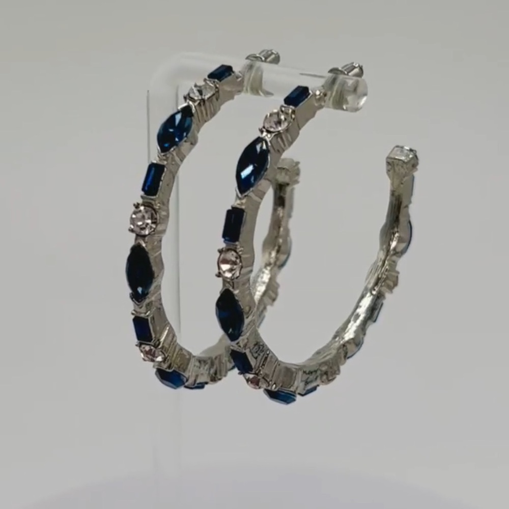 Navy Blue Gem Hoop Earrings | Textured Silver + Rhinestone Accents | - Picture 2 of 3